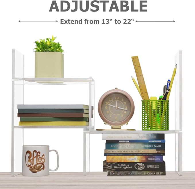 My Space Organizers Adjustable Acrylic Desk Shelf for Top of Desk: Clear Desktop Shelf, Premium Desktop Bookshelf Organizer, Office Table Book Shelves
