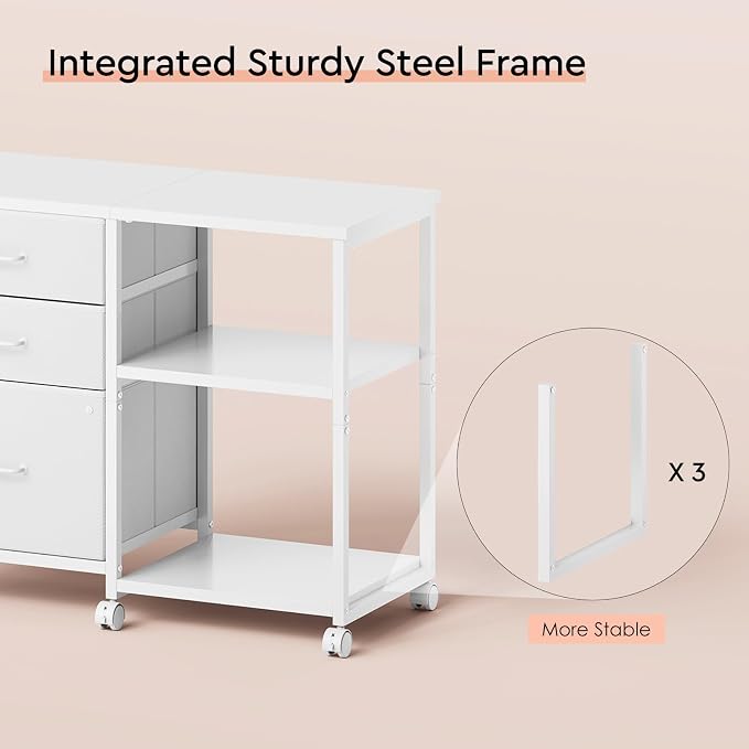 Maihail 3 Drawer File Cabinet with Wheels Rolling Printer Stand with Open Storage Shelf Fabric Lateral Filing Cabinet for Home Office,White