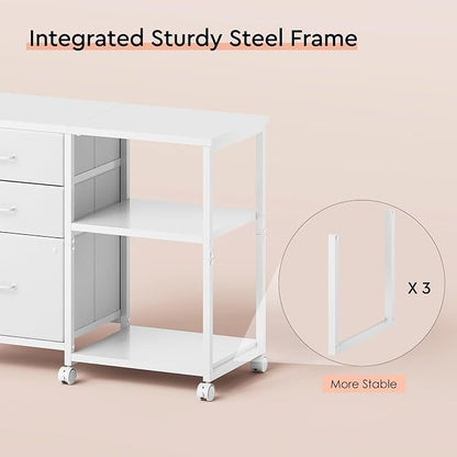 Maihail 3 Drawer File Cabinet with Wheels Rolling Printer Stand with Open Storage Shelf Fabric Lateral Filing Cabinet for Home Office,White