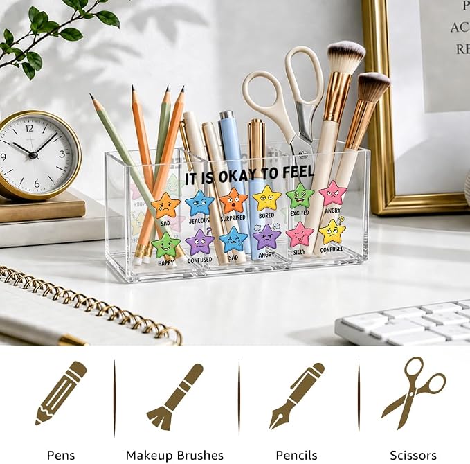It Is Okay To Feel Acrylic Pen Holder Organizer with 3 Compartments, Mental Health Emotional Desk Organizer Accessory for Psychologist, Office Appreciation Gifts for Therapy Counselor Coworker