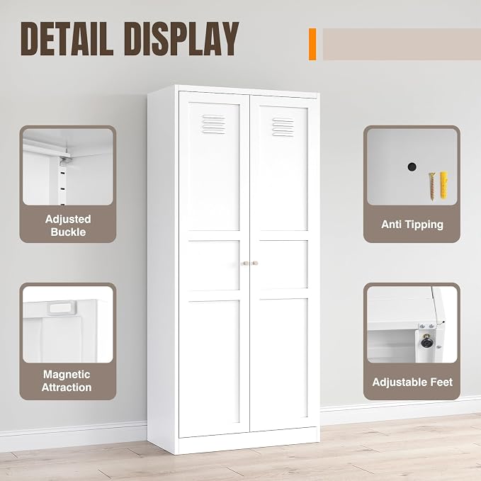 Yizosh Metal Storage Cabinet - 71" White Kitchen Pantry with 2 Doors and 5 Adjustable Shelves, 5-Tier Tall Steel Locker for Living Room, Dining Room