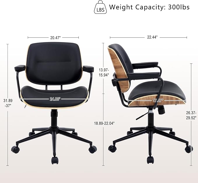 Mid Century Modern Office Chair with Adjustable Backrest, Wooden Desk Chair with Armrests, Swivel Height Adjustable Home Office Chair, Comfortable Task Chair for Home Office, Black