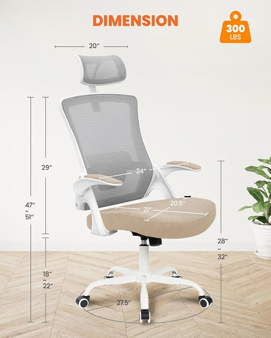 NEO CHAIR Office Chair High Back Desk Mesh Chair Comfy Computer Gaming Seat with Adjustable Ergonomic Headrest Lumbar Rolling Flip-up Armrests and Wheels (Beige)