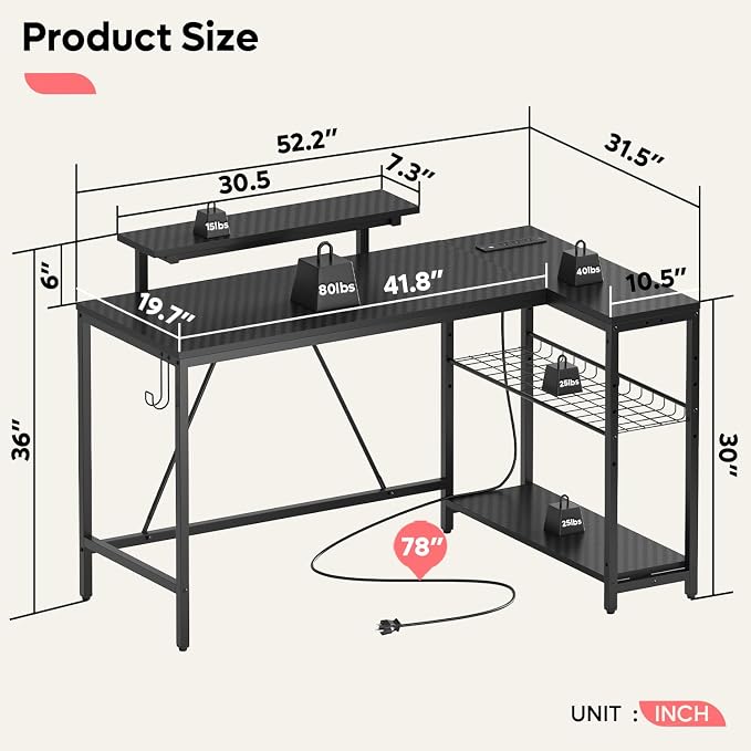 Bestier 52" Gaming Desk with Integrated Power Outlet & USB Ports, L-Shaped Computer Desk with LED Strip & Headphone Hooks, Perfect for Home Office Pink,Carbon Fiber Black