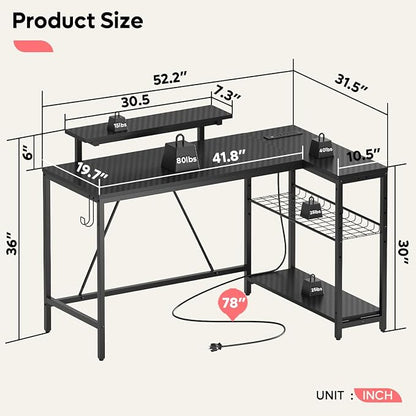 Bestier 52" Gaming Desk with Integrated Power Outlet & USB Ports, L-Shaped Computer Desk with LED Strip & Headphone Hooks, Perfect for Home Office Pink,Carbon Fiber Black