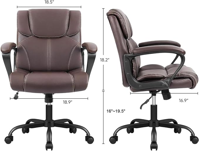 Furmax Mid Back Executive Office Chair Swivel Computer Task Chair with Armrests,Ergonomic Leather-Padded Desk Chair with Lumbar Support (Brown)