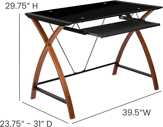 EMMA + OLIVER Black Glass Computer Desk with Pull-Out Keyboard Tray and Crisscross Frame