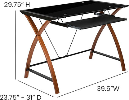EMMA + OLIVER Black Glass Computer Desk with Pull-Out Keyboard Tray and Crisscross Frame