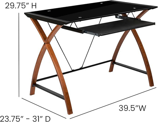 EMMA + OLIVER Black Glass Computer Desk with Pull-Out Keyboard Tray and Crisscross Frame