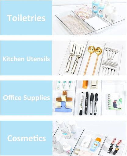Kutesna 3 Pcs Large Clear Drawer Organizer Set, 15" X 6" Desk Drawer Organizers Trays with Non-Slip Silicone Pads, Storage Bins for Makeup, Office, Kitchen Gadgets Utensils, Bedroom, Tools, Bathroom