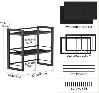 Office Desk Shelf Organizer, Wood Desktop Bookshelf Supplies Storage Rack, Shelf for Top of Desk and Dresser (Pure Black-2 Tier)