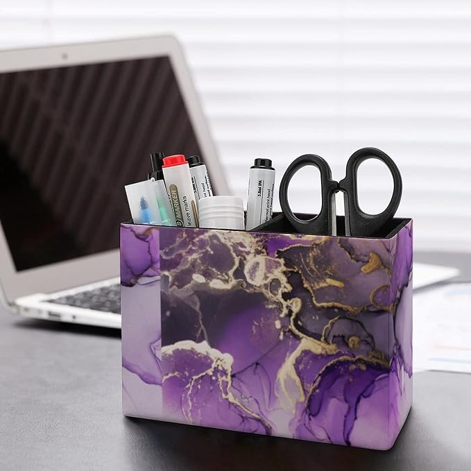 Niapessel Pencil Holder for Desk, Purple Golden Marble Pen Holder Storage Desktop Pen Organizer Desk Pencil Organizer Makeup Brush Holder for Office School College Leather