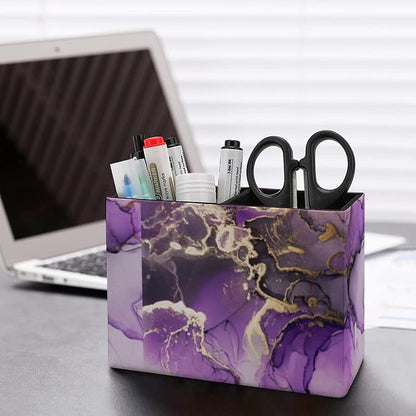 Niapessel Pencil Holder for Desk, Purple Golden Marble Pen Holder Storage Desktop Pen Organizer Desk Pencil Organizer Makeup Brush Holder for Office School College Leather