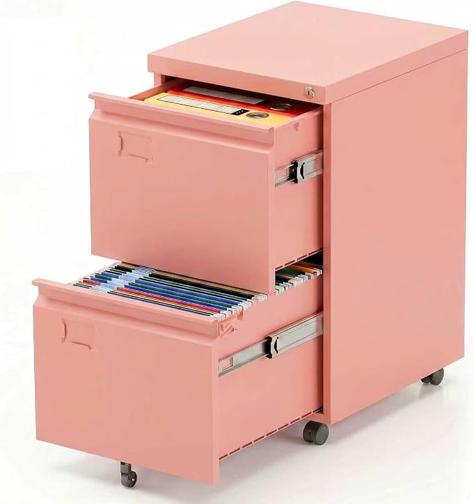 Aobabo Rolling File Cabinet with Lock,2 Drawer Metal Filing Cabinet for Home Office & Under Desk, Heavy-Duty Mobile Storage with 5 Wheels (Anti-Tilt), Fits Letter/Legal,Pink,Required Assembly