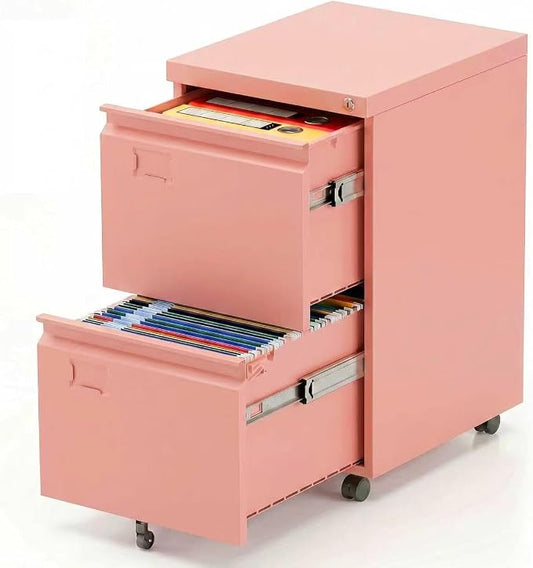 Aobabo Rolling File Cabinet with Lock,2 Drawer Metal Filing Cabinet for Home Office & Under Desk, Heavy-Duty Mobile Storage with 5 Wheels (Anti-Tilt), Fits Letter/Legal,Pink,Required Assembly