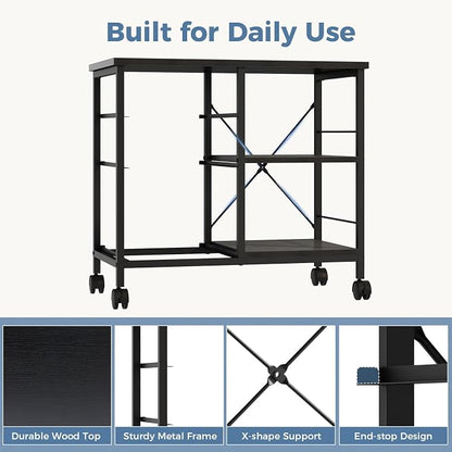 DUMOS 3 Drawer Mobile File Cabinet, Freestanding Fabric Lateral Filing Cabinet Fits A4/Letter Size, Space Saving Rolling Printer Stand with X-Frame and Open Storage Shelf for Home Office, Modern Black