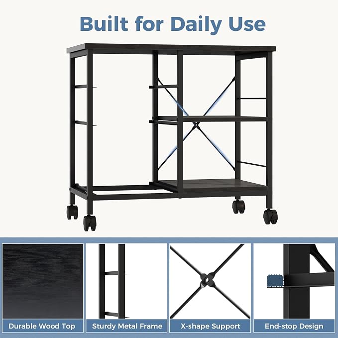 DUMOS 3-Tier Mobile File Cabinet, Printer Stand with Storage, Office Table with Drawers and Back Support Bar, Holds 110lbs for Home Office, Rustic Black
