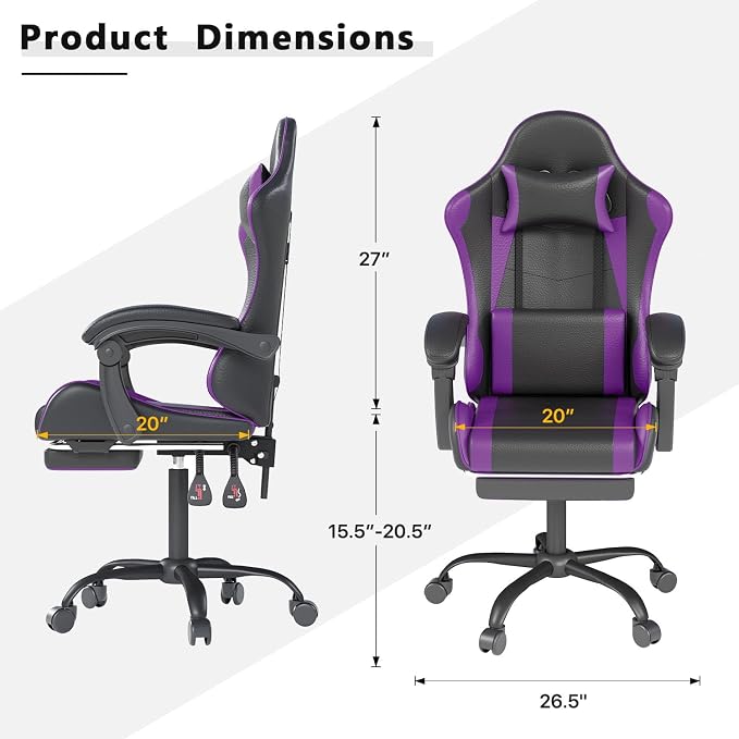 OS MOTOR Gaming Chair with Headrest and Lumbar Support, Ergonomic High Back Office Chair, Racing Style Executive Computer Desk Chair, Leather Adjustable Swivel Task Chair for Home Office (Purple)