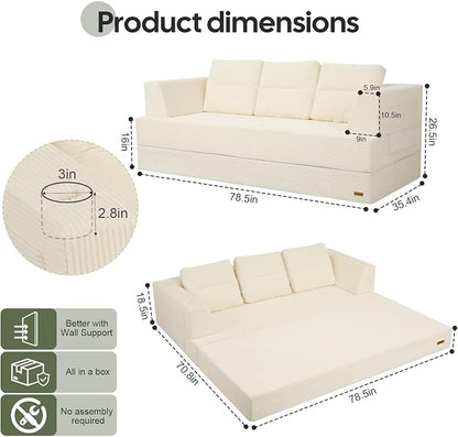 COMAX Futon Sofa Bed Queen, 79" Convertible Sofa Bed Couches for Living Room, 4 in 1 Folding Boneless Sleeper Corduroy Couch Loveseat Foam In a Box, Comfy Foldable Lounge Fold Out Floor Mattress Beige