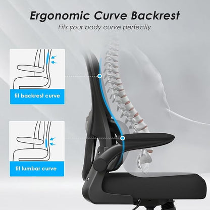 Soohow Office Chair, Mesh Ergonomic Office Chair with Lumbar Support, Comfy Swivel Computer Desk Chair with Flip Armrest Rolling Wheels for Home Study Room Office, Black & Black
