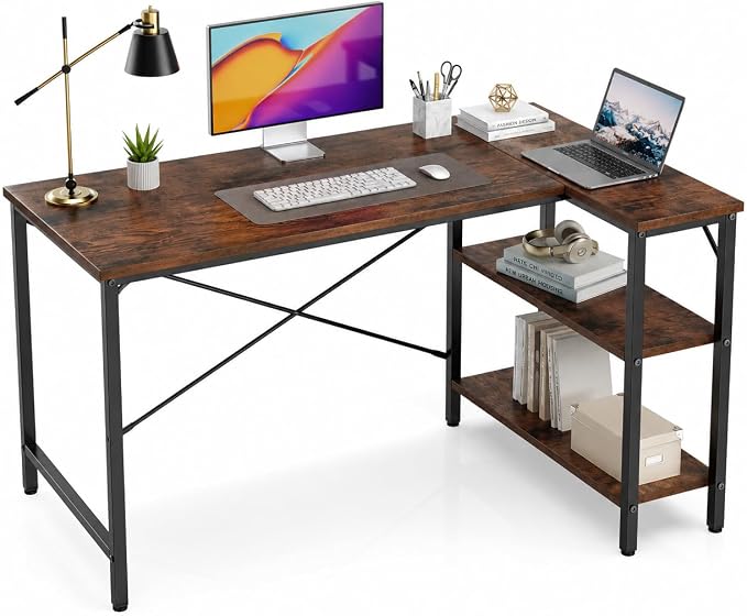 Simple Deluxe L Shaped Gaming Desk, 39 Inch Computer Desk with 2 Shelves, Corner Computer Desk for Gaming, Corner Work, Home Office, Study, Rust