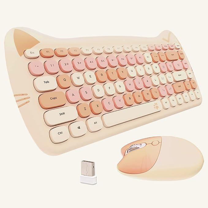 Cute Cat 2.4G USB Wireless Keyboard and Mouse Combo, Silent Keys, Candy Colors, Compatible with Notebook, PC (MilkTea-84Keys)