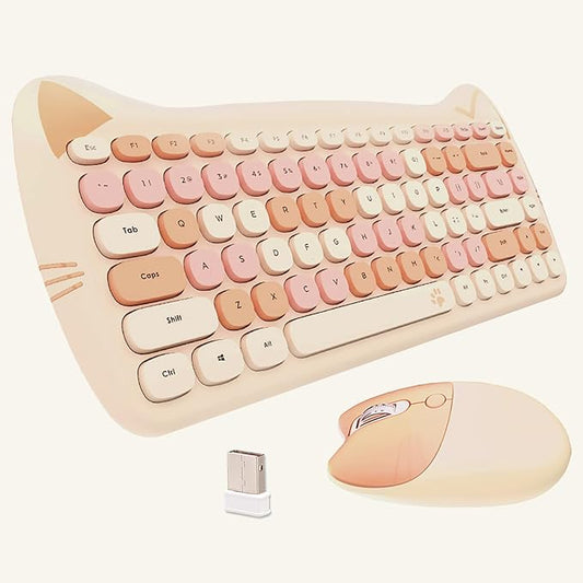 Cute Cat 2.4G USB Wireless Keyboard and Mouse Combo, Silent Keys, Candy Colors, Compatible with Notebook, PC (MilkTea-84Keys)