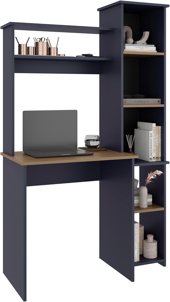 TUHOME Versalles Writing Desk with Large Monitor Shelf,Keyboard Tray and Five Side Open Storage Compartments,Modern Space-Saving Office Desk for Studios,Workspaces or Bedrooms, Functional Organization
