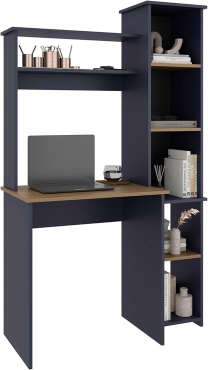 TUHOME Versalles Writing Desk with Large Monitor Shelf,Keyboard Tray and Five Side Open Storage Compartments,Modern Space-Saving Office Desk for Studios,Workspaces or Bedrooms, Functional Organization