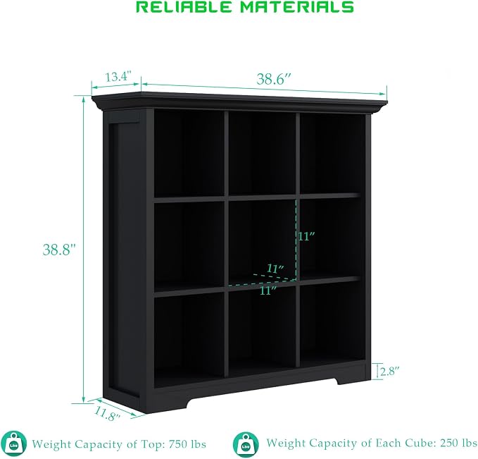 OSCHF Cube Storage Bookcase with Base - Wooden 3 Tiers Floor Standing Open Shelf Cabinet for Home and Office, 9-Cube Lattice Bookshelf, Black