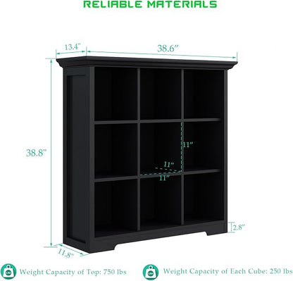 OSCHF Cube Storage Bookcase with Base - Wooden 3 Tiers Floor Standing Open Shelf Cabinet for Home and Office, 9-Cube Lattice Bookshelf, Black