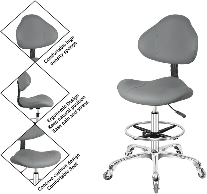 Rolling Swivel Drafting Chair Adjustable Heavy Duty (400lbs) Lumbar Support Task Chair for Home Desk Studio Design Lab(Grey)