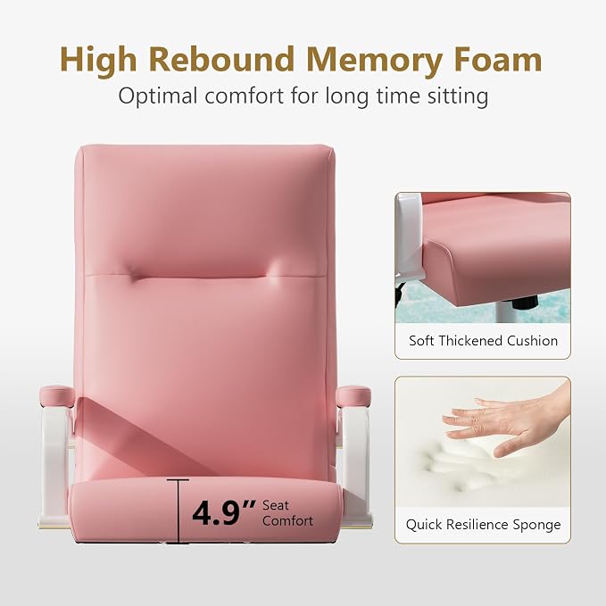 GXJ Pink Desk Chair, High Back Leather Executive Office Chair for Girl and Women, Adjustable Height Computer Desk Chairs with Wheels and Arms