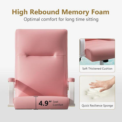 GXJ Pink Desk Chair, High Back Leather Executive Office Chair for Girl and Women, Adjustable Height Computer Desk Chairs with Wheels and Arms