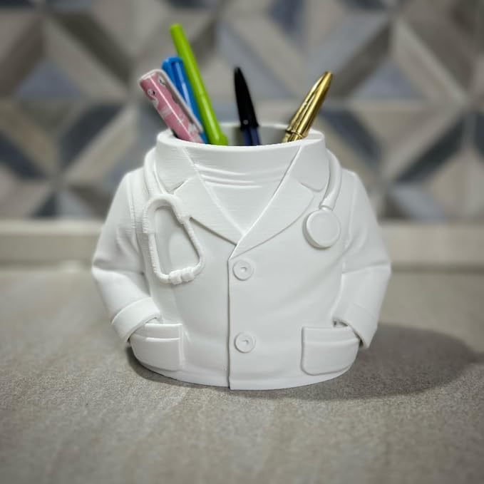 3D Printed Doctor Coat Pen Holder - Realistic Medical Desk Organizer with Stethoscope, White Doctor Sculpture Pen Cup for Office, Nurse, Medical Student Gift 5.9" x 3.5" x 4.3" (Male Doctor Style)