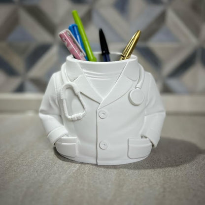 3D Printed Doctor Coat Pen Holder - Realistic Medical Desk Organizer with Stethoscope, White Doctor Sculpture Pen Cup for Office, Nurse, Medical Student Gift 5.9" x 3.5" x 4.3" (Male Doctor Style)