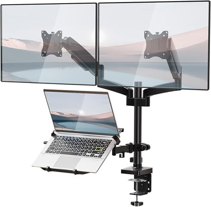 WALI Triple Arm Laptop and Dual Monitor Desk Mount for 17" Notebook and Up to 32" Screens, Adjustable Monitor Arms with Tilt Swivel Rotation, VESA 75x75 100x100, Black (GSDM003LP)