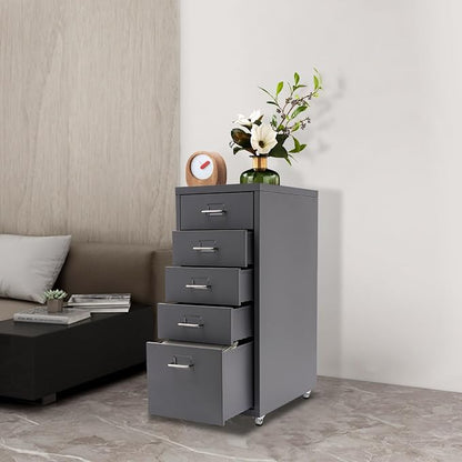 Metal Filing Cabinet with Wheels, 5 Drawers Mobile Storage Cabinet Small Printer Stand Vertical Organizer for Home Office