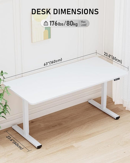 63" Electric Standing Desk Adjustable Height, Sit Stand up Desk for Home Office & Computer Workstation, 2 Memory Height Settings, Splice Board, 2 Hooks, White Frame/White Top