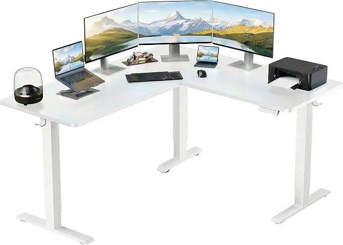 ErGear L Shaped Standing Desk, 63"x55" Electric Adjustable Height Sit Stand up Desk, Ergonomic Large Computer Table, Left & Right Interchangeable Installation, Suitable for Home Office, White