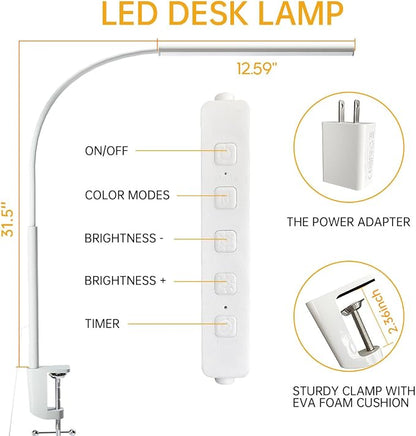 LED Desk Lamp with Clamp, 5 Color Modes & 10 Brightness Levels, Eye-Caring Desk Light, Flexible Gooseneck, Memory Function, Adapter Included for Home Office, Reading & Study