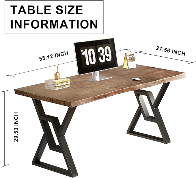 55 Inch Real Wood Desk for Home Office, Solid Pine Writing Desk with Natural Live Edge, Rustic Computer Desk with Industrial Metal Legs, Large Workstation Table for Study, Gaming and Dining