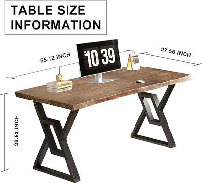 55 Inch Real Wood Desk for Home Office, Solid Pine Writing Desk with Natural Live Edge, Rustic Computer Desk with Industrial Metal Legs, Large Workstation Table for Study, Gaming and Dining