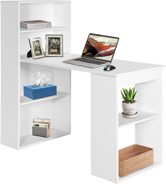 COSTWAY White Computer Desk with Shelves, 48” Study Writing Desk with 6-Tier Storage Shelves, Reversible Study Workstation w/Wide Base for Home, Office & Dorm, Easy Assembly