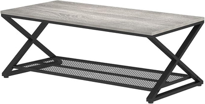 LVB Gray Coffee Table, Farmhouse Wood Metal Center Table with Storage for Living Room, Industrial Wooden 2 Tier Rectangle Cocktail Tea Table with Mesh Shelf for Office Bedroom, 47 inch, Light Grey Oak