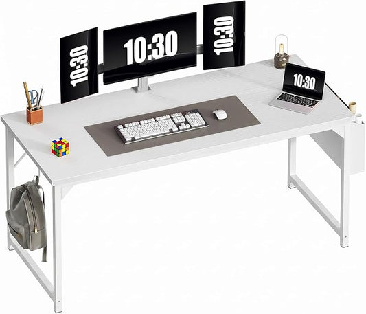 OLIXIS 63 Inch Computer Desk for Home Office, Writing Study Craft Gaming Table, Modern Computer Workstation with Storage Bag and Headphone Hook for Bedroom Small Spaces, White