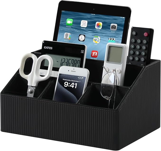 Desk Organizer Caddy with 5 Compartments for Office Art Supplies, PU Leather Nightstand Organizer Pencil Pen Desk Caddy for Home, Desktop TV Remote Control Holder Storage (Striped Black)