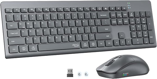 MEETION Wireless Keyboard and Mouse, Silent Bluetooth Keyboard Mouse Set, 2.4G/Bluetooth Full-Sized Computer Keyboard, Gray