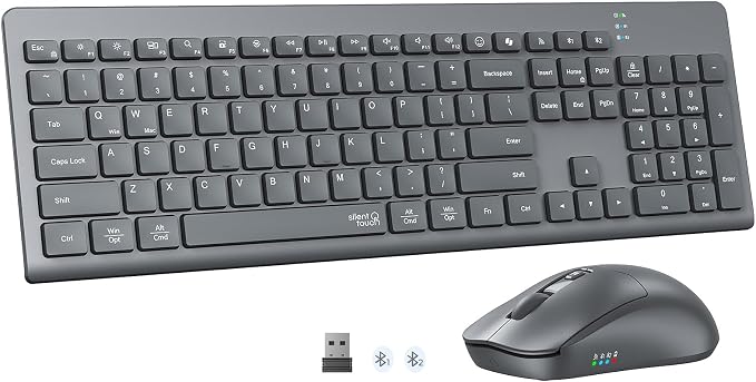 Wireless Keyboard and Mouse, Quiet Bluetooth Keyboard Mouse Set, 2.4G/Bluetooth Full-Sized Computer Keyboard, 3200 DPI Adjustable Mouse, Long-Life Battery, for PC/Laptop/Tablet/Windows/Mac