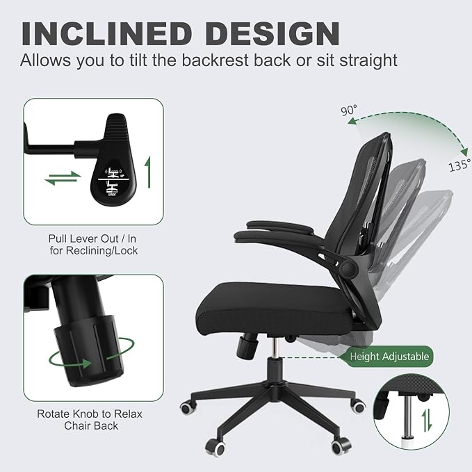 Ergonomic Office Chair - 350LB Comfy Desk Chairs with Lumbar Back Support, Mesh Computer Chairs with Wheels and Arms for Home Office, Study (Black-Without Headrest)